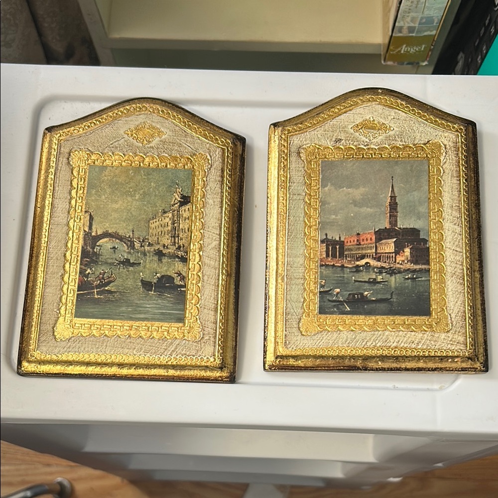 Vintage Gilt Decopage Wood Wall Plaque Set Venice Water Scene 6.5” Italy